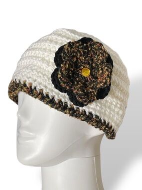 Handmade Crocheted Bun Ponytail Beanie White Brown with Flower Embellishment